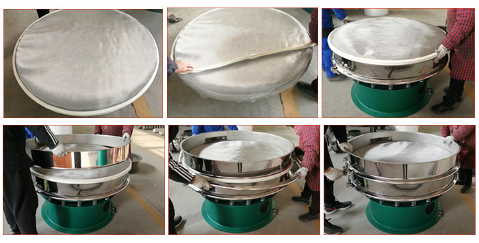 食品振動篩網安裝步驟3，將密封圈安裝到網架周圍，將篩框放到網架上，并利用束環將上下兩層篩框固定在一起。