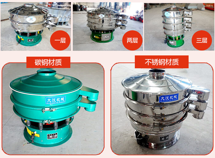 旋振篩層級分類：一層，兩層，三層材質分類：碳鋼，不銹鋼等