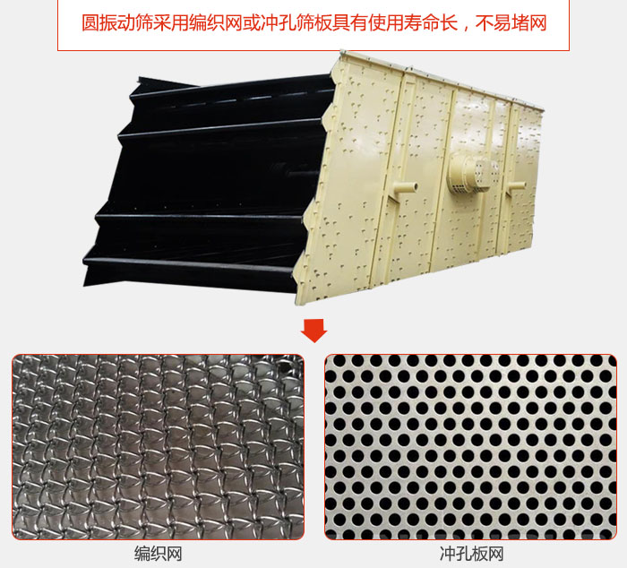圓振動(dòng)篩采用編織網(wǎng)或沖孔篩板具有使用壽命長,不易堵網(wǎng)。