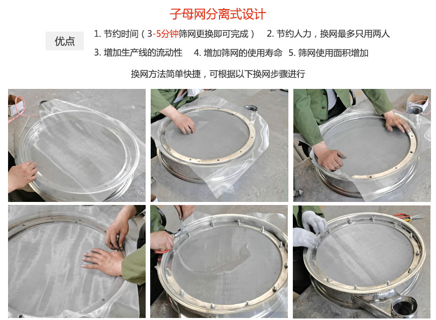 大漢振動機械換網優勢：1，節省時間（3-5分鐘篩網更換即可完成）2，節省人力，換網只有兩人。3.增加生產線的流暢性。4.增加篩網壽命，彈跳球不直接撞擊子網。5.篩網使用面積增加。