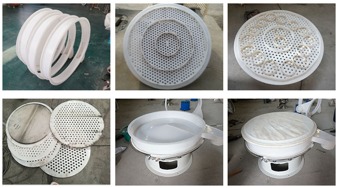 塑料防腐旋振篩配件:振動篩底座,篩框,防塵蓋,篩網,振動電機座。