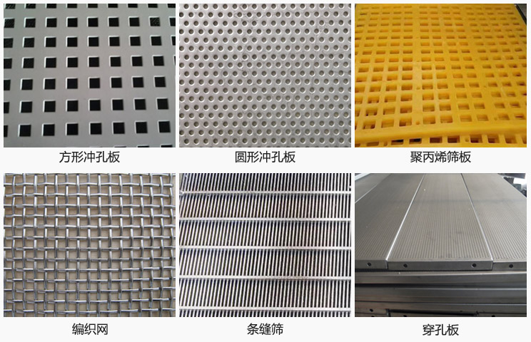 直線振動篩篩網(wǎng)分方形沖孔板，圓形沖孔板，聚丙烯篩板，編織網(wǎng)，條縫篩，穿孔板等。