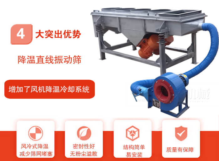 降溫直線振動(dòng)篩性能特點(diǎn)：1，技術(shù)成熟，質(zhì)量可靠，篩分精度高，處理量大。2，風(fēng)冷式降溫系統(tǒng)設(shè)計(jì)，快速有效降溫。3，適用范圍廣，可應(yīng)用于各種需要降溫的物料。4，設(shè)計(jì)精巧合理，結(jié)構(gòu)簡單，易安裝，耗能少，噪音低5，篩網(wǎng)使用壽命長，換網(wǎng)更方便，快捷6，設(shè)備整體密封性好，無粉塵溢散。