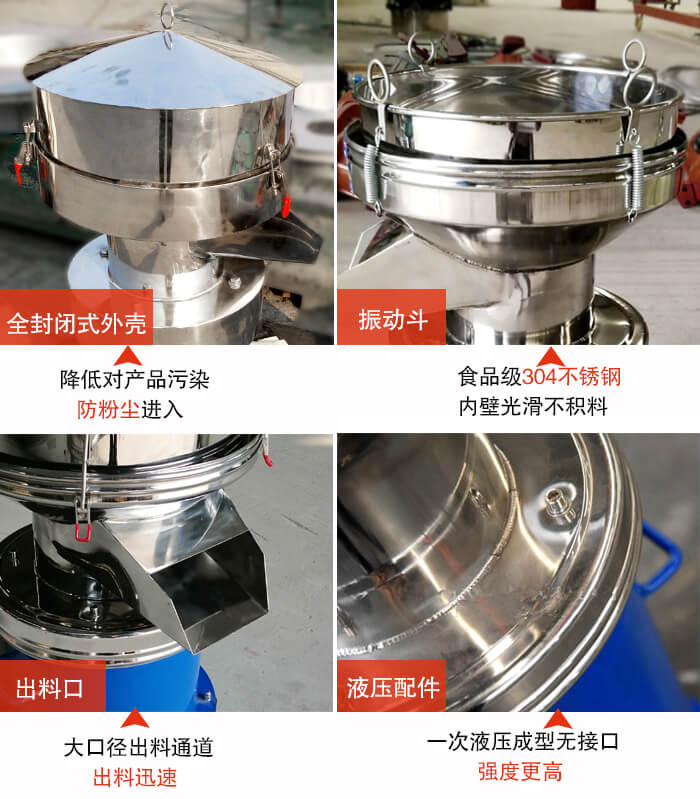 450過濾篩機結構組成：全封閉式外殼設計：對產品的污染低，防塵粉進入電機內部延長設備壽命。振動斗：食品304不銹鋼篩斗，內壁光滑不存在積料現象。出料口，大口徑出料通道，出料迅速，提高工作效率。液壓配件：一次液壓成型無接口強度更高。