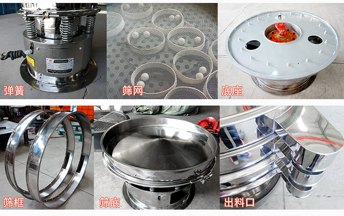 細節展示:篩框,篩網,振動底座,振動體,出料口。